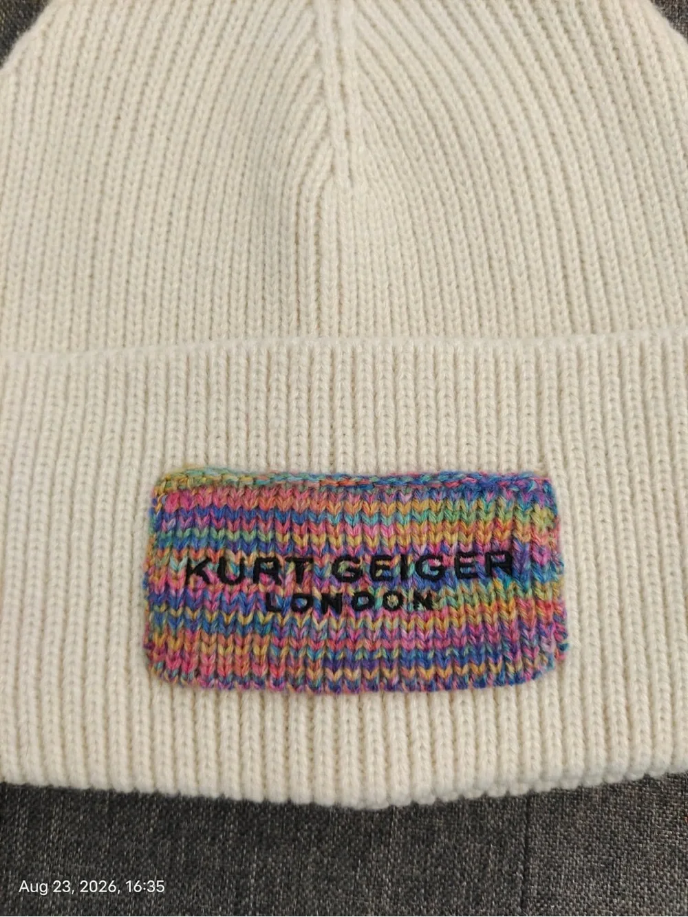 NWOT Kurt Geiger Kids Cream Beanie with Rainbow Logo Patch